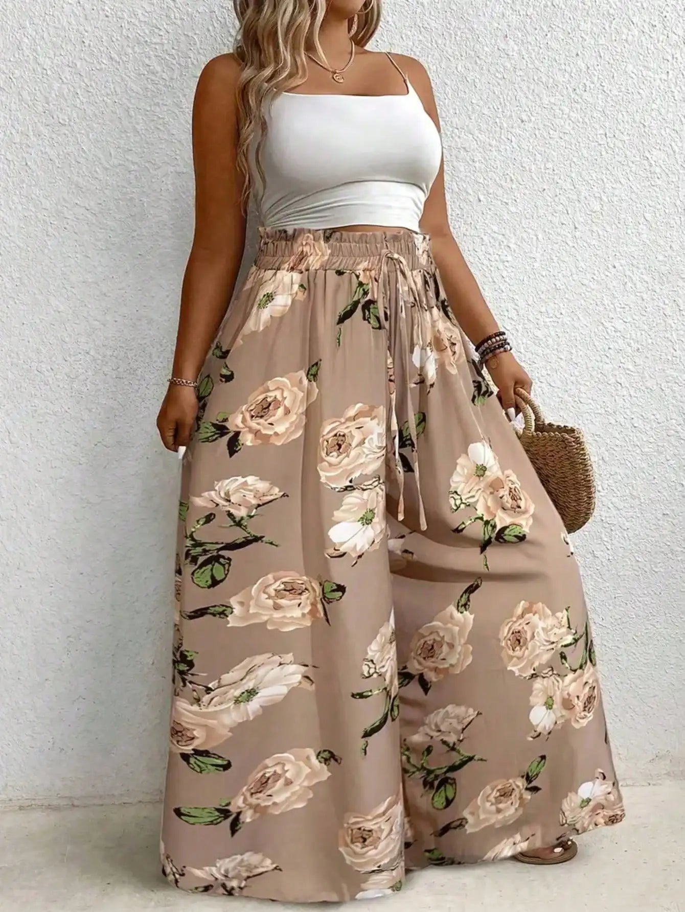 Elegant plus Size Printed Wide Leg Pants for Women Loose Fit Imitation Drawstring Waist Belt Non-Elastic Fabric