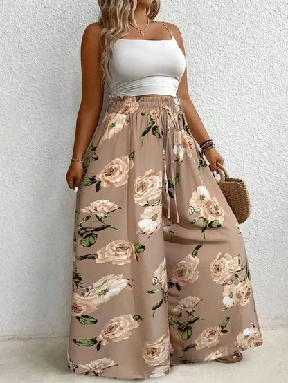 Elegant plus Size Printed Wide Leg Pants for Women Loose Fit Imitation Drawstring Waist Belt Non-Elastic Fabric