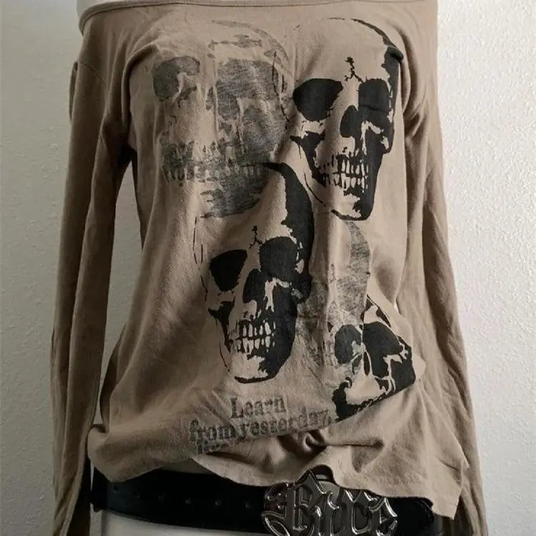 Street Hottie Grunge Harajuku Skull Printed Vintage T-shirts Women Y2k Aesthetics Bodycon Casual Tees Off Shoulder Punk Tops