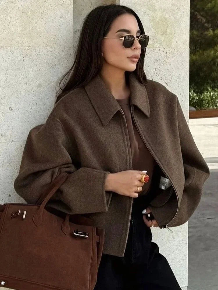 Brown Woolen Jacket - Women's Outerwear Zipper Coat With Elegant Lapel