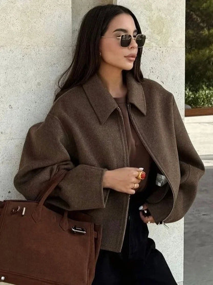 Brown Woolen Jacket - Women's Outerwear Zipper Coat With Elegant Lapel