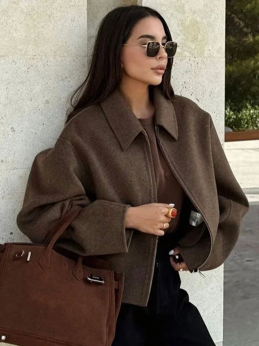 Brown Woolen Jacket - Women's Outerwear Zipper Coat With Elegant Lapel