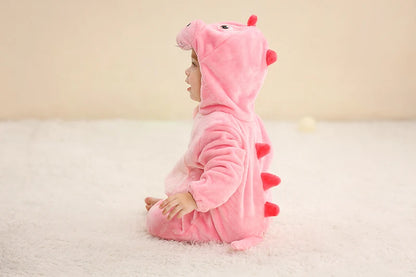 Baby Winter Rompers - Soft Polyester Hooded Jumpsuit With Animal Pattern, Machine Washable