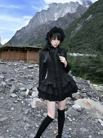 Y2K Lolita Dress - Gothic Mini Patchwork Lace Vintage Black Ruffle Slim Fit