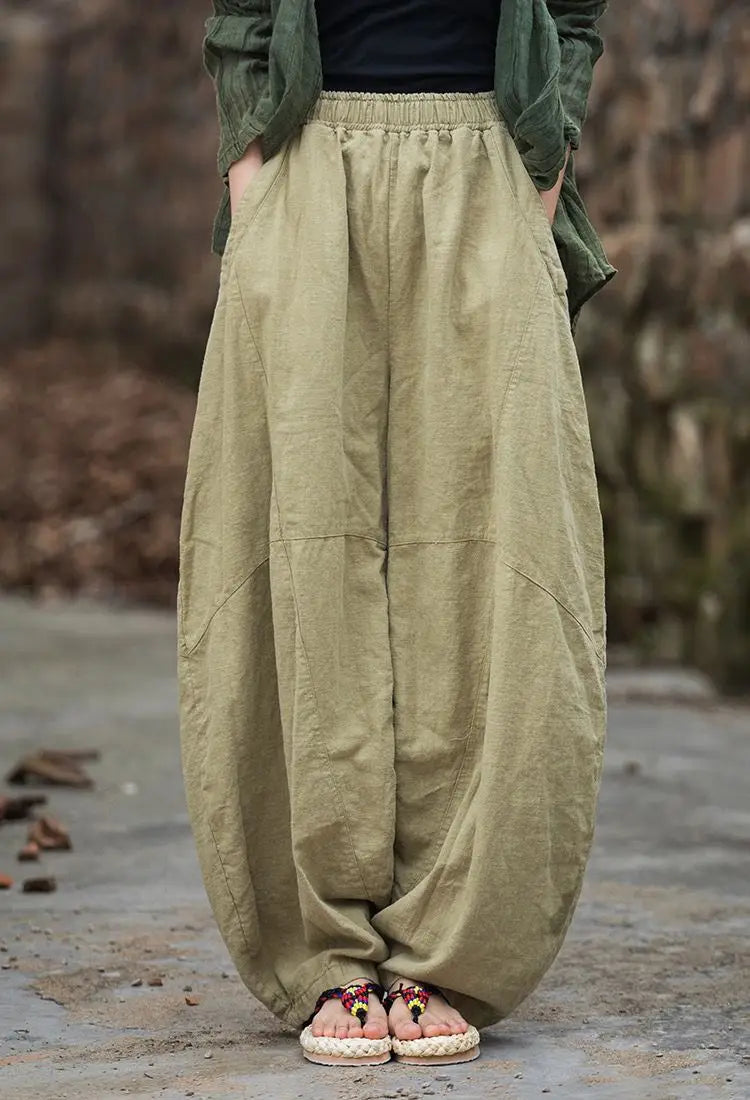 Elegant Women's Cotton Linen Baggy Cargo y2k Pants Vintage Elastic Waist Trousers Loose Casual Long Wide Leg Oversize Clothes