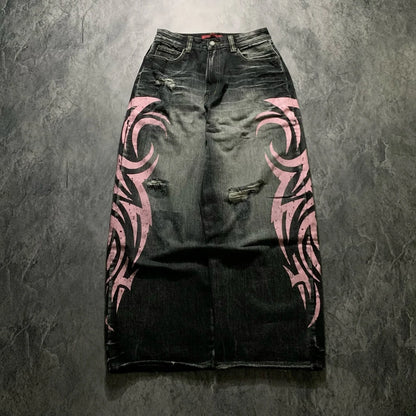 Men's Mottled Totem Print Jeans American Style Old Washed Wide Leg Retro Loose Fashion Trend Wide Leg Jeans Goth Pant Y2K Unisex