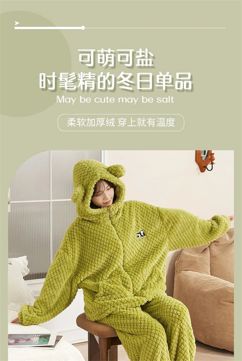 Autumn Winter Women's Sleepwear Flannel Pajamas Set Thick Fleece Nightwear Sets Warm Home Suits Hoodie Plus Pants