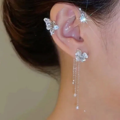 Silver Plated Metal Butterfly Ear Clips Without Piercing for Women Sparkling Zircon Ear Cuff Clip Earrings Wedding Jewelry