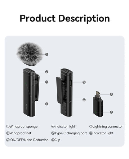 Ulanzi VM-10 Wireless Clip-on Microphone 3-Level Noise Reduction Mic With Lightning Connector For iPhone Vlog Live Streaming