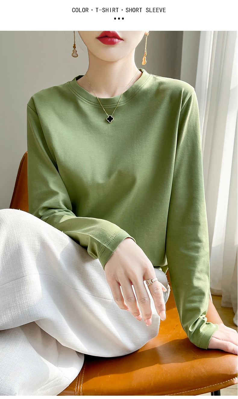 100 Cotton Womens Long-Sleeved Round Neck T-Shirt - Loose Bottoming Top for Spring  Autumn