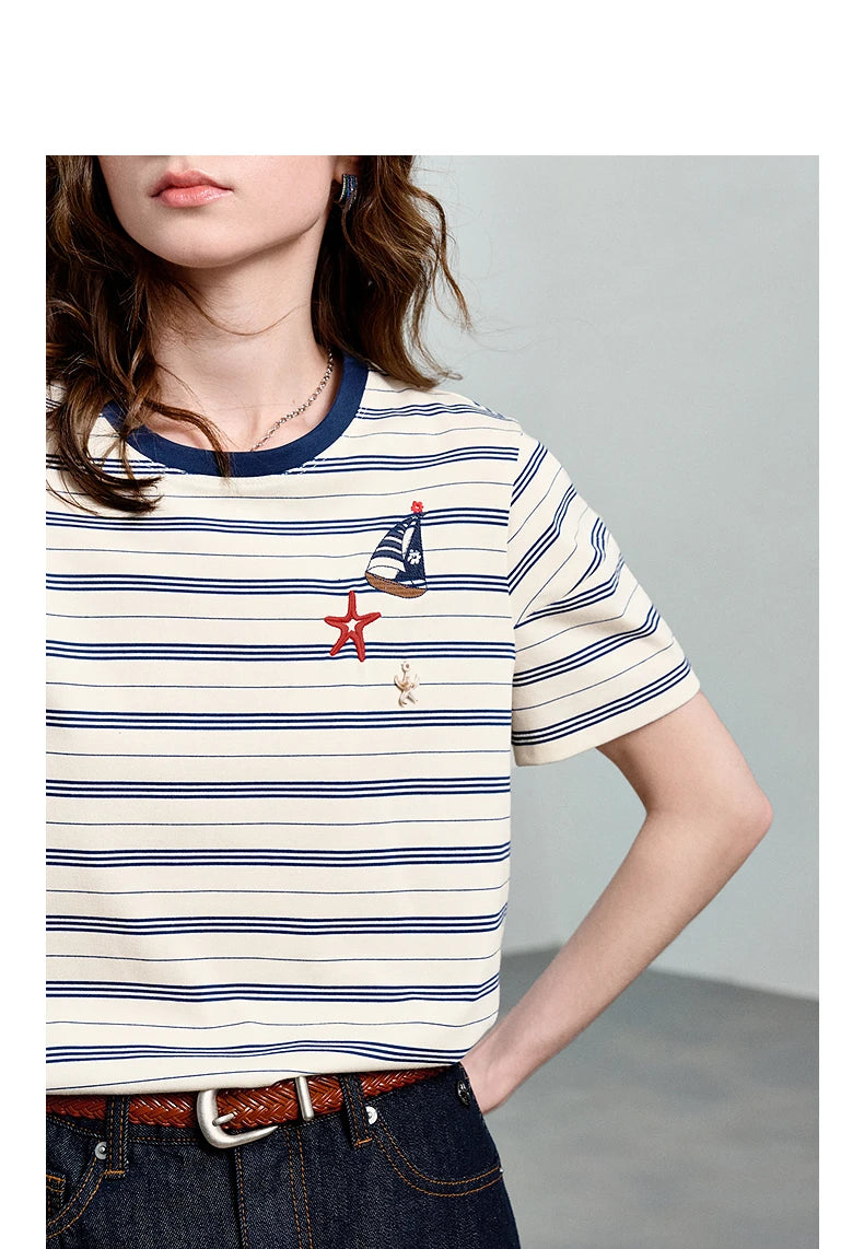 Women's Nautical Stripe T-Shirt – Embroidered Sailboat Summer Top