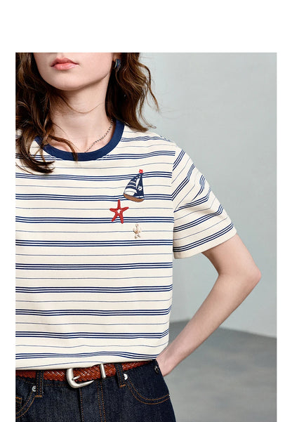 Women's Nautical Stripe T-Shirt – Embroidered Sailboat Summer Top