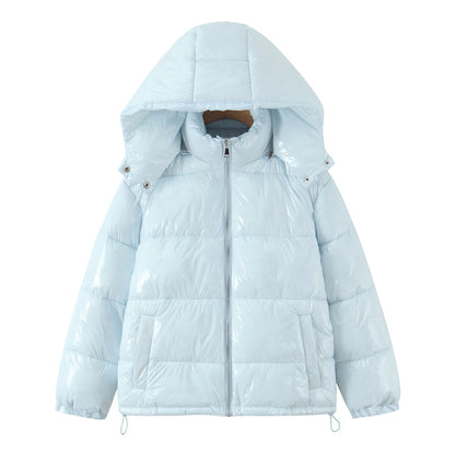New Winter Fashion Women Bright Light Blue Zipper Up Bread Parka Coat Woman Stand Collar Removable Hooded Long Sleeve Outerwear