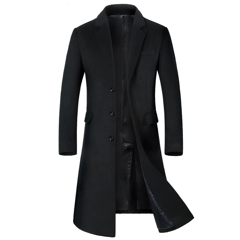 Men's Wool Coat - Thick Cotton Winter Trench Coat | Long Overcoat With Turn-Down Collar