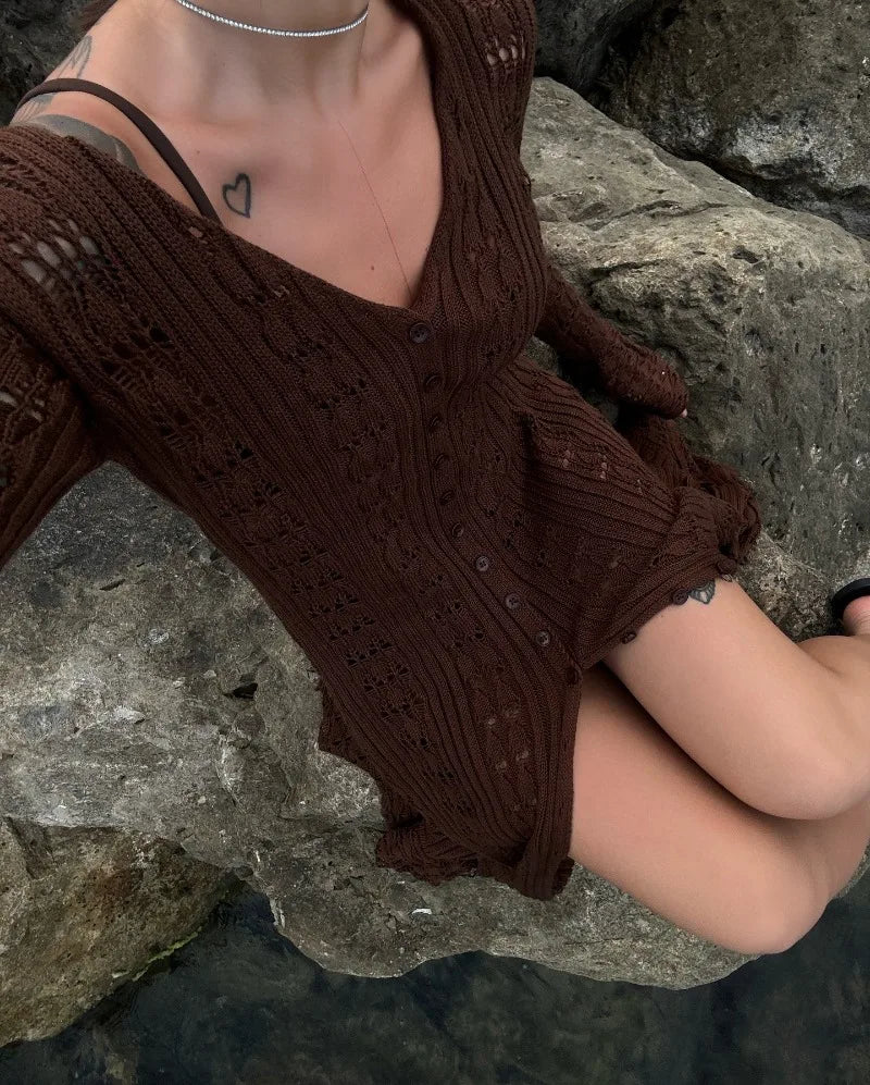 Deep V Neck Long Cardigan Dress - Elegant Hollow Knit Cover Up for Women