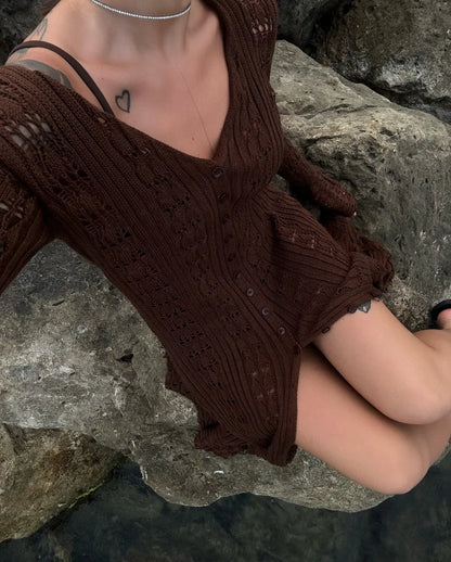Deep V Neck Long Cardigan Dress - Elegant Hollow Knit Cover Up for Women