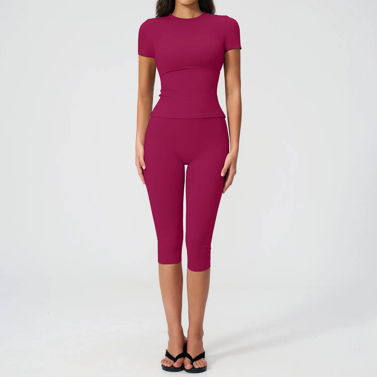 Women Tracksuit Yoga Set 2PCS Sports Set Short Sleeve Fitness Outfits Workout Clothes Running Capri Pants Gym Suit Athletic Wear