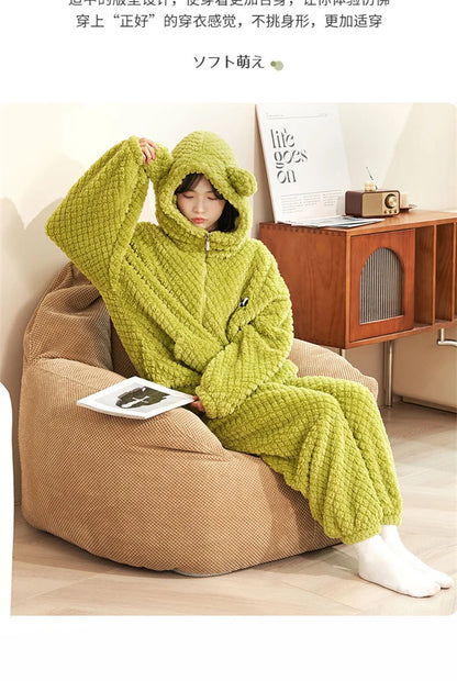 Autumn Winter Women's Sleepwear Flannel Pajamas Set Thick Fleece Nightwear Sets Warm Home Suits Hoodie Plus Pants