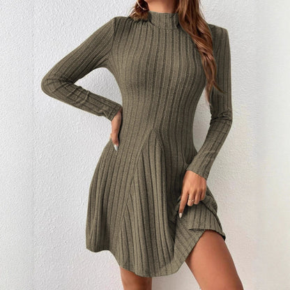 Slim Fit A-Line Dress – Women's Office Waist Cinched Mini Skirt Dress, Autumn Winter