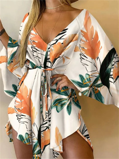 Women Print Dress - V-Neck Mini Sundress With Batwing Sleeve & Ruffle Detail