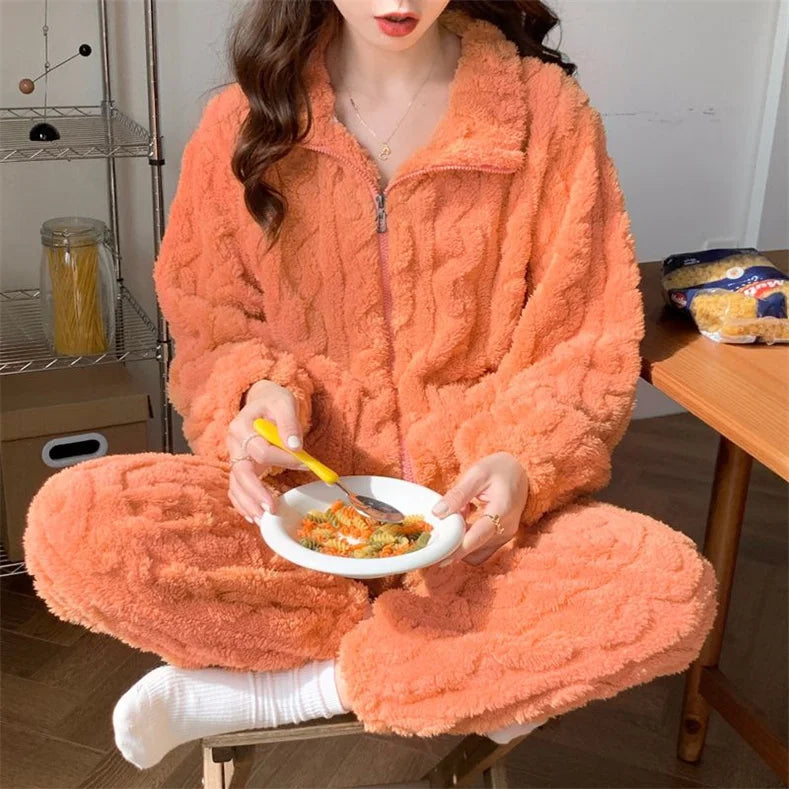 Autumn Winter Sweet Coral Fleece Pajamas Women Fleece-lined Thickened 2023 New Zip-up Flannel Warm Home Wear Set