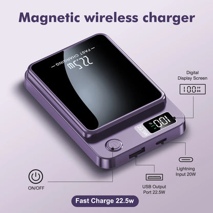 2-in-1 Wireless Magnetic Power Bank Fast Charging Portable PD 22.5W 10000mAh LED Power Display for iPhone 17/16/15/14 Samsung