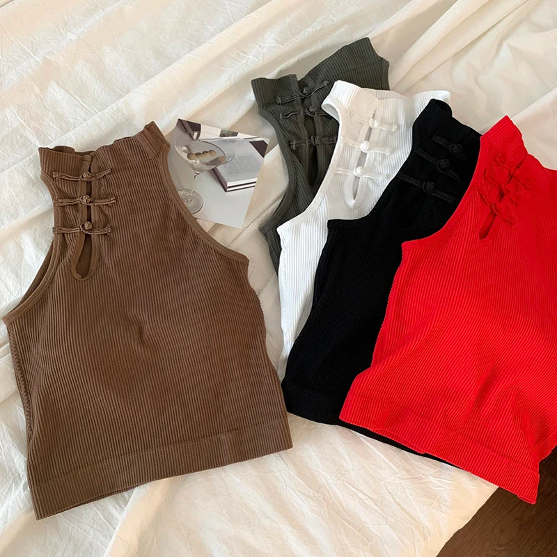 ITOOLIN Elegant Women Chinese Button Tank Tops With Bra Pad O-Neck  Sleeveless Tank Tops For Women Sexy Crop Tops All-Match 2024