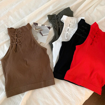 ITOOLIN Elegant Women Chinese Button Tank Tops With Bra Pad O-Neck  Sleeveless Tank Tops For Women Sexy Crop Tops All-Match 2024