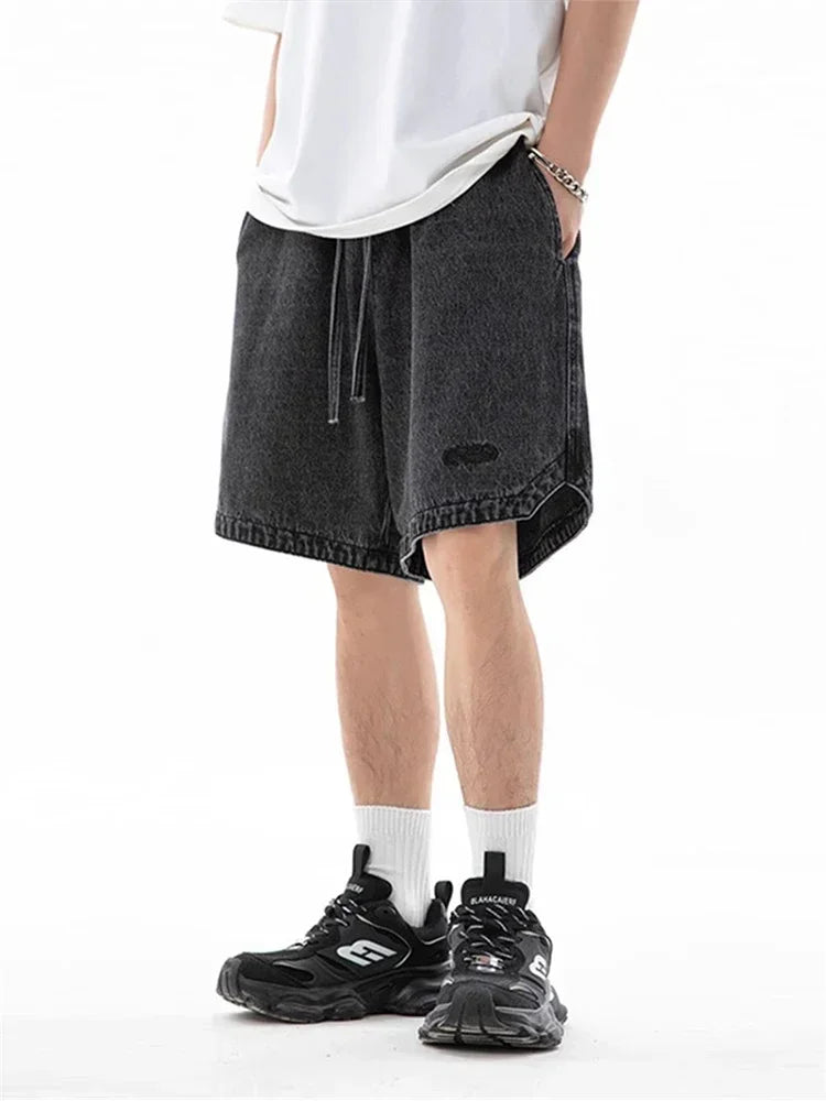 Baggy Denim Shorts - Men's Summer Casual Streetwear With Embroidery & Elastic Waist
