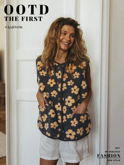 Bornladies Womens Autumn Winter New Fleece Open Front Printed Vest Warm Stylish Loose Chic Sleeveless Jacket