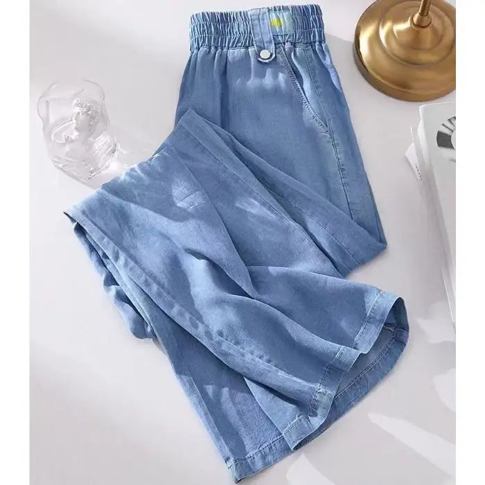 Spring Summer Ice Silk Wide Leg Jeans Loose Casual Pants Thin Lightweight Women's plus Size Elastic Waist Drapey Loose Fit