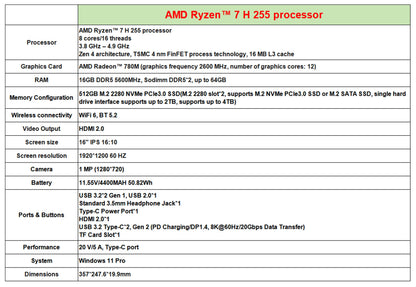 Gaming Laptop 16 Inch AMD Ryzen 7 Lightweight Backlit Keyboard Notebook - Windows 11 Pro