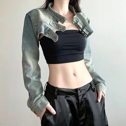 Women Fashion Denim Jacket Y2K Aesthetic Vintage Sexy Crop Tops Coat Japanese Harajuku Streetwear Female Spring Summer Outerwear