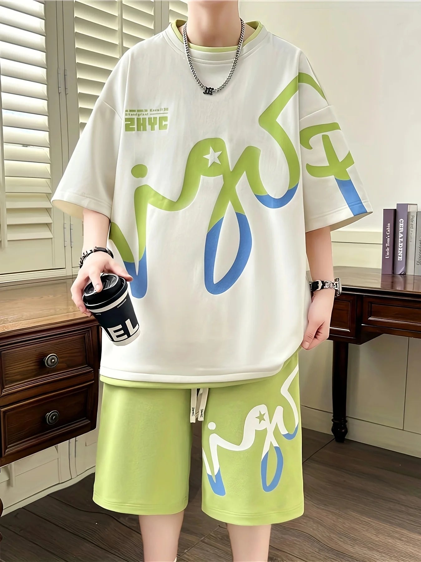2025 Summer Men's Set, Korean fashion two-piece sportswear for men, trendy men's clothing, jogging set, T-shirt + shorts set, po