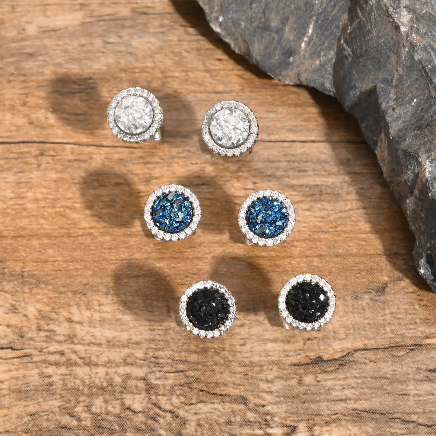 Vnox Black Crystal Round Circle Earrings for Men, Full Blue CZ Stone Ring Stud Earrings, Gothic Simple Piercing Ear Jewelry