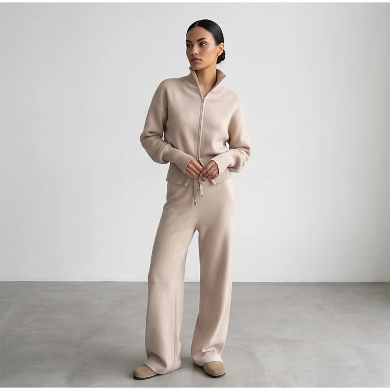 Solid Color Zipper Waist Cinching Casual Set Knitted Top Drawstring Straight Leg Pants 2-piece Sets 2026 Autumn Lady Daily Wear