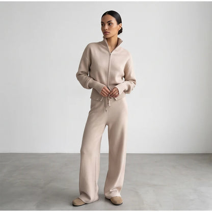 Solid Color Zipper Waist Cinching Casual Set Knitted Top Drawstring Straight Leg Pants 2-piece Sets 2026 Autumn Lady Daily Wear
