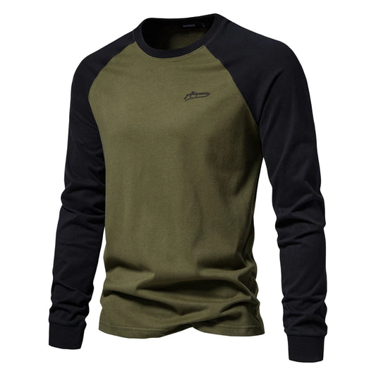 Men's Cotton T-Shirts - Long Sleeve Patchwork O-Neck Casual Designer Tees