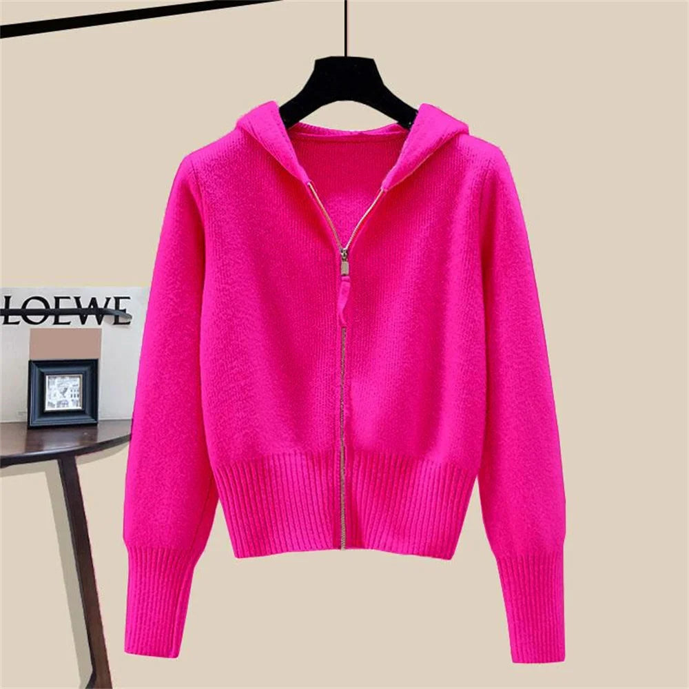 Women Autumn Winter Long Sleeved Double Zipper Soft Waxy Cardigan Sweater With Hat Design Feeling Top Female Hooded Sweater Coat
