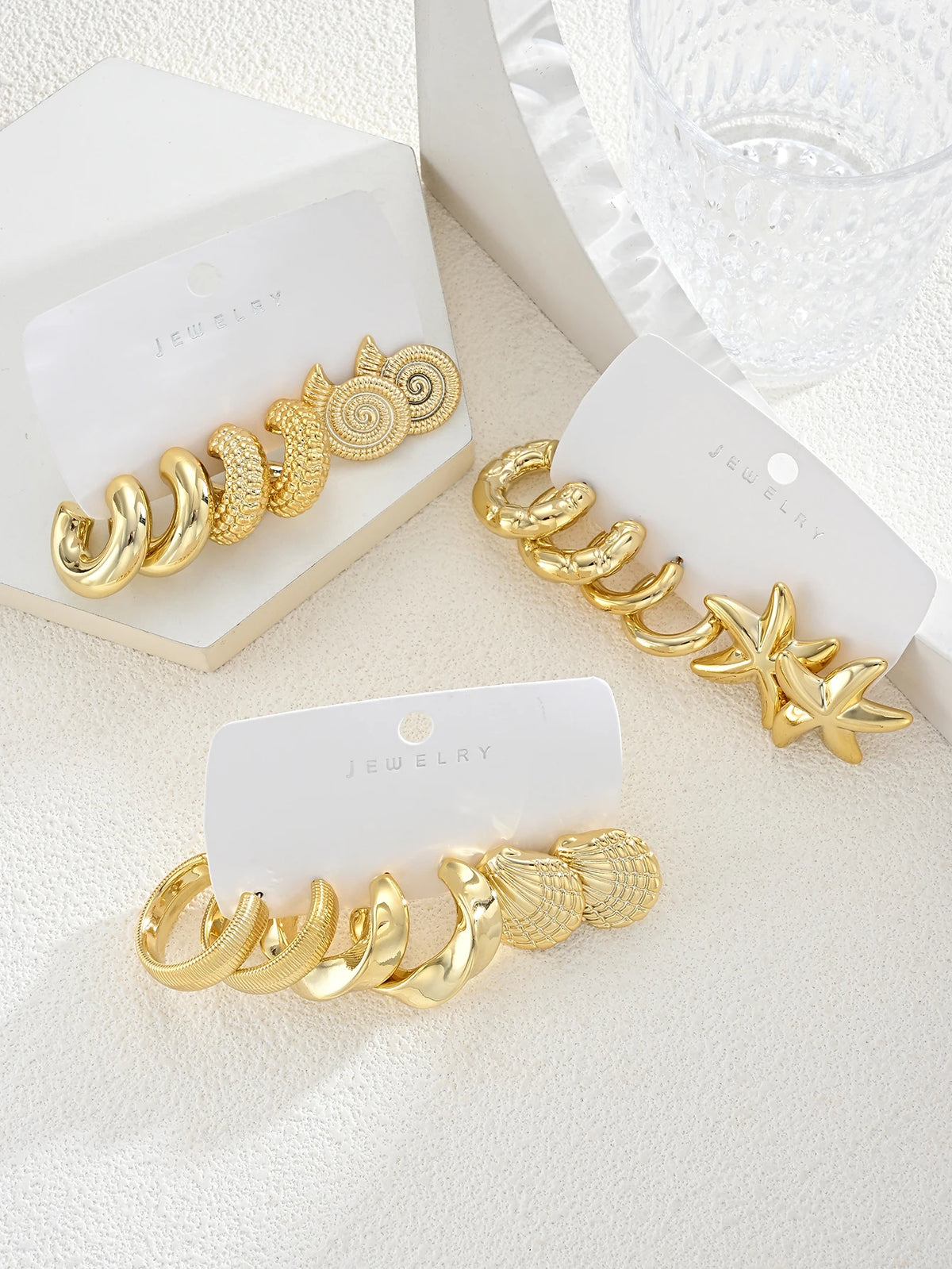 18-Piece Ocean Earring Set – Gold Starfish, Shell & Conch Hoops