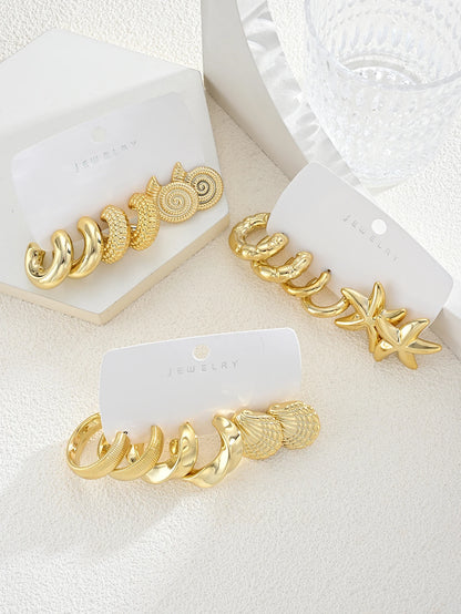 18-Piece Ocean Earring Set – Gold Starfish, Shell & Conch Hoops