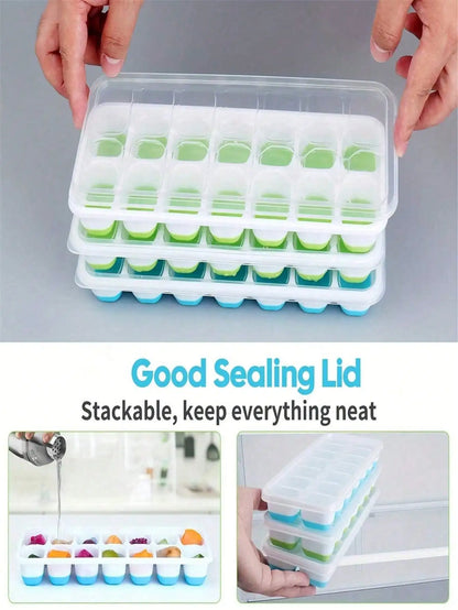 Silicone Ice Cube Trays with Lids – 14-Cavity Stackable (Assorted Colors)