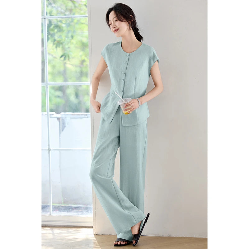 SENTUBILA Women's Linen Trouser Suit Summer Two Pieces Matching Set Women Button Shirt Straight Pant Sets 2026 Outfits 152ZA0094