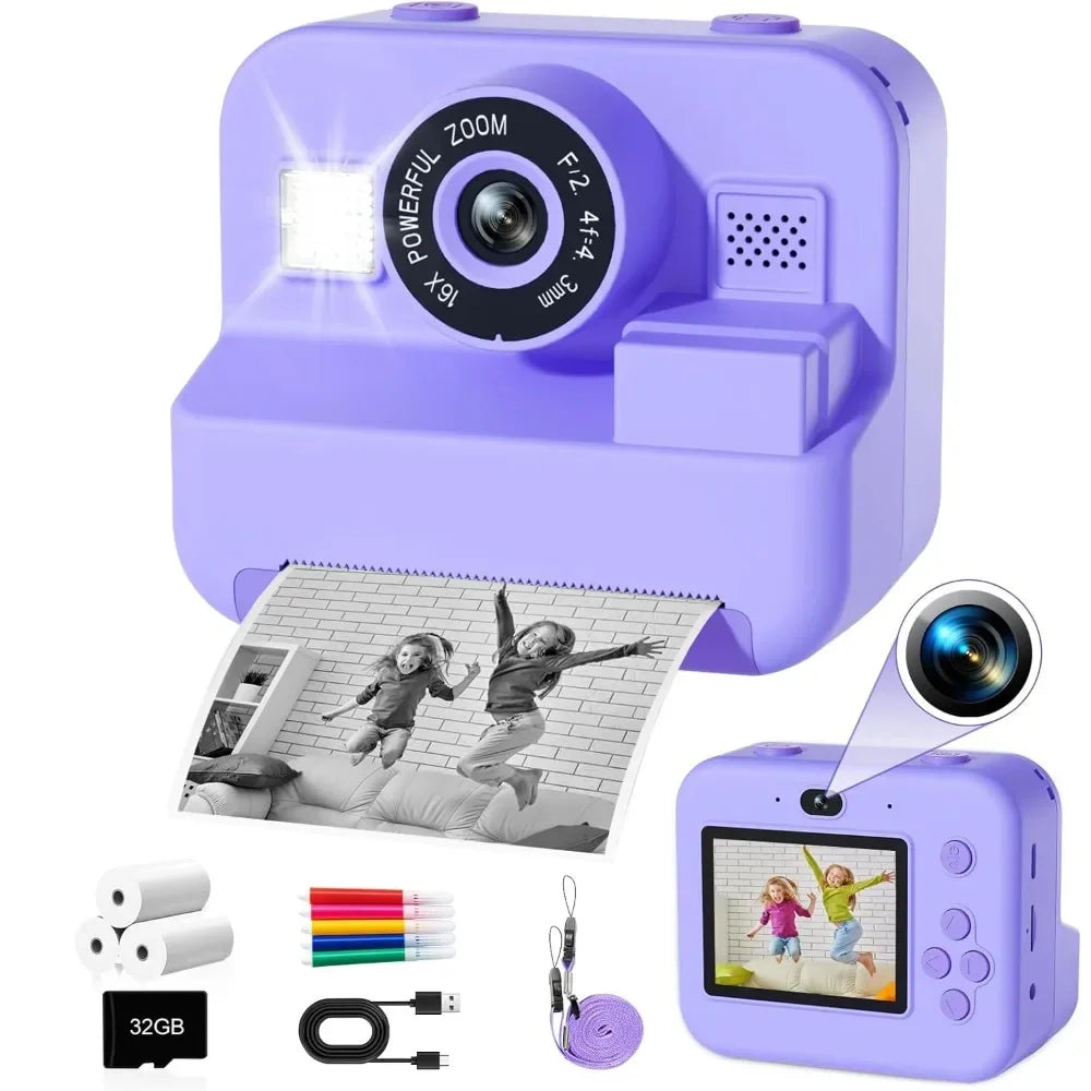 Kids Instant Print Camera - 48MP Digital Educational Thermal Photo Printer With 32GB Card