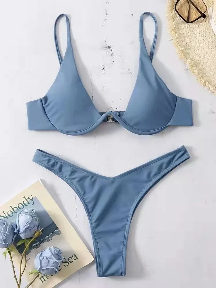 2026 Summer New Two Piece Women's Solid Color Sexy Bareback Bikini Split Swimsuit Bikini Set High Waist Beach Vacation
