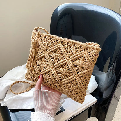 Handmade Cotton Crossbody Bag - Vintage Tassel Shoulder Messenger for Women Summer Beach Handbag 2023