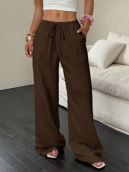 Women's Wide-Leg Cotton-Linen Blend Casual Floor-Length Pants Relaxed-Fit Drawstring Trousers for Home & Strolls
