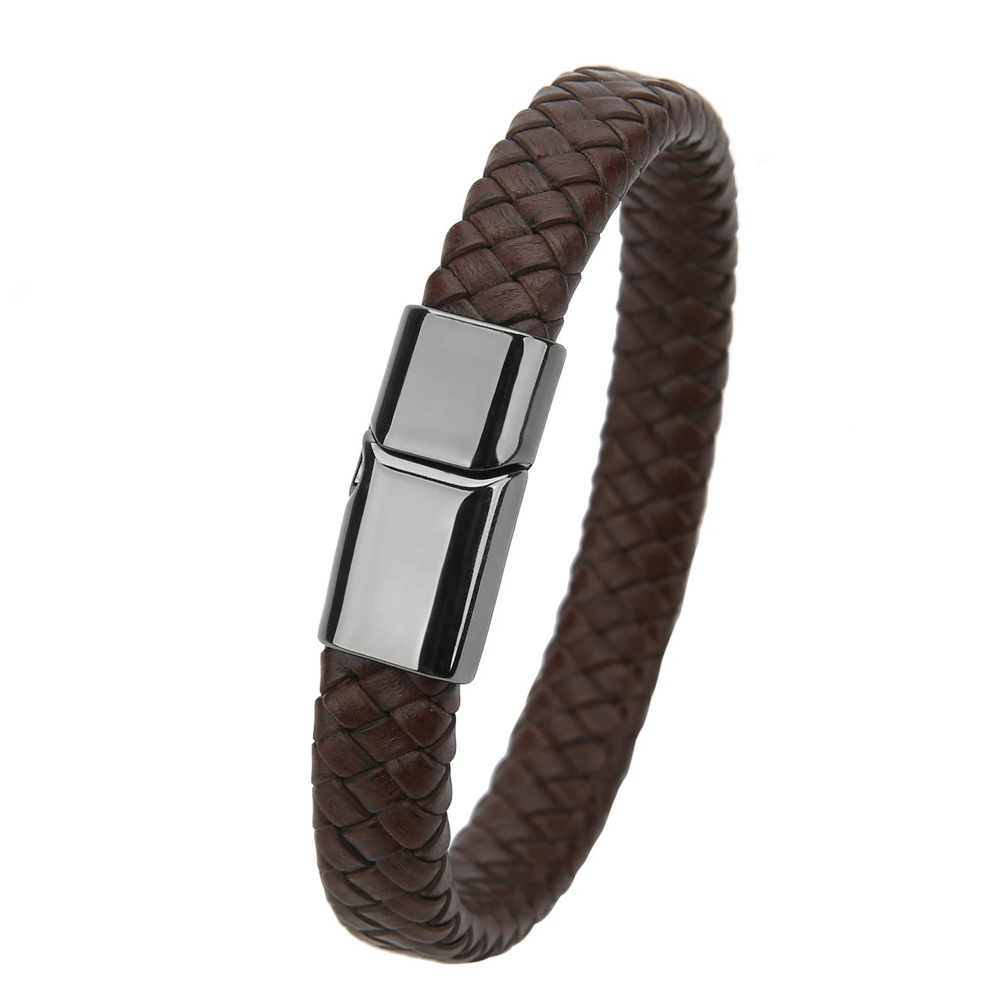 Mibrow Braided Black Leather Men Bracelet 10x5 12x6mm Size Fashion Metal Magnetic Clasp Wrap Bracelets Punk Charm Men Jewelry