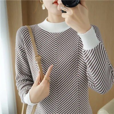 Women's autumn and winter 100% pure cotton knitted semi high neck pullover casual striped warm sweater fashionable hot selling