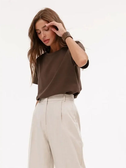 Wolfeel Summer 100% Cotton Women's T-shirt Bottoming Basic Fashionable Solid Lady Short Sleeve Loose Tops Shirts 230g/㎡ Tops